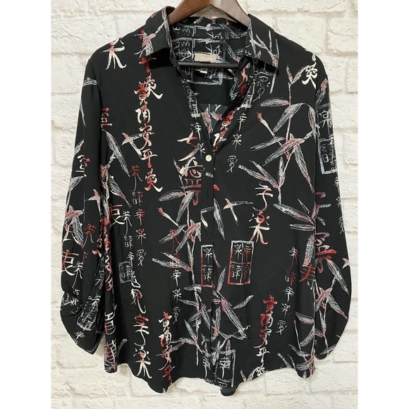 CHICO’S Asian Chinese print top blouse shirt button up black red women's size 2 - Picture 1 of 4
